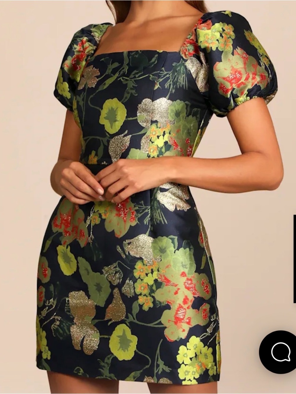 Lulu's Navy Mini Dress with Green and Gold Floral Jacquard